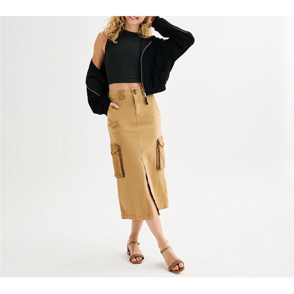 NEW SO Juniors Size XS Brown Tan Cargo Straight Madi Skirt Pockets Cotton NWT - Picture 4 of 11
